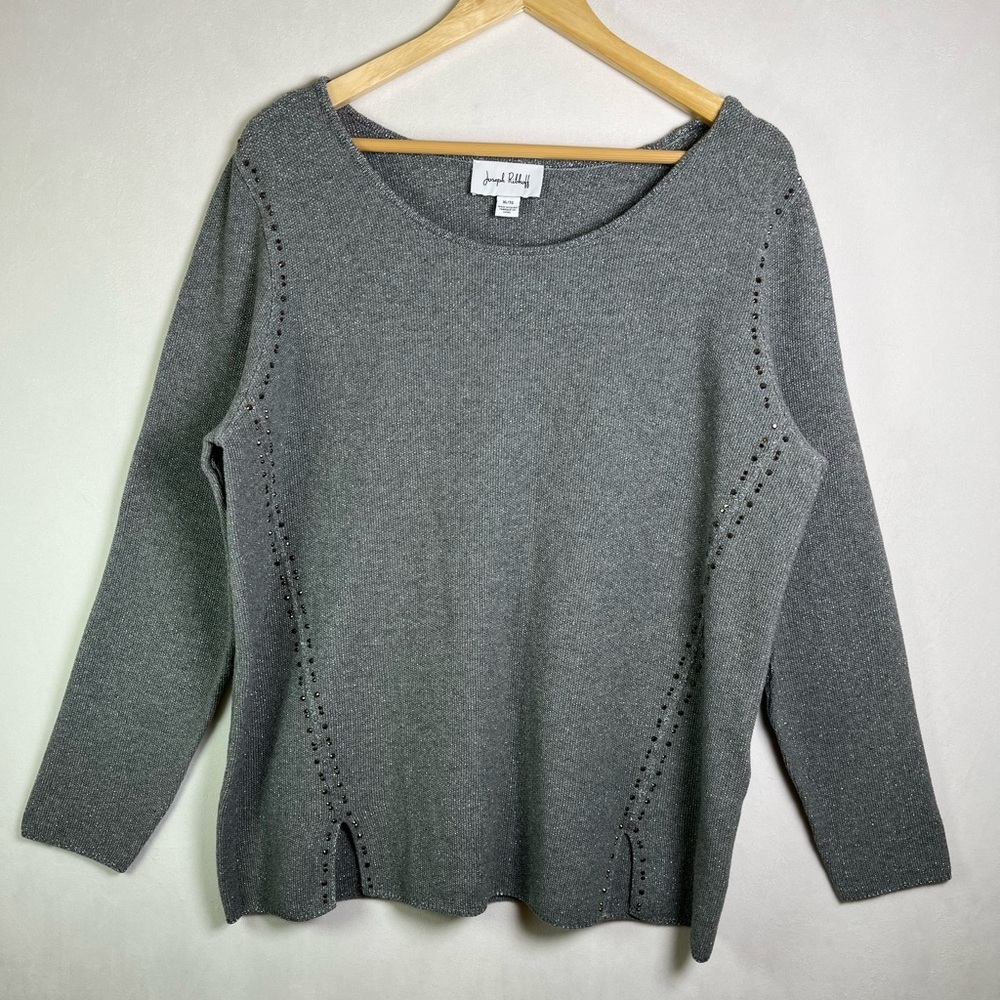 Joseph Ribkoff Women XL Metallic Gray Studded Sweater Tunic Top Sparkle Knit